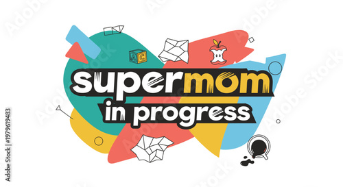 Supermom In Progress Logo with Colorful Abstract Shapes and Icons