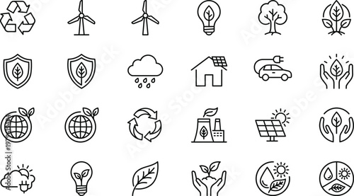 Eco energy icons vector set, renewable sustainability symbols collection, green technology environment line icons, recycling solar wind nature illustration design