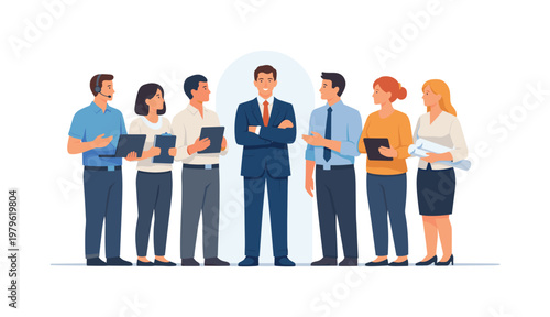 Organized team presentation scene where individuals are positioned side by side to represent roles and collaboration, emphasizing clarity, hierarchy, and teamwork in a