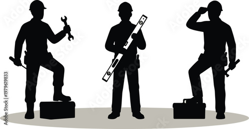Construction worker silhouettes set with tools equipment and helmet in different poses industrial labor vector illustration