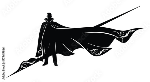 Supervillain stands in a powerful pose while wearing a long flowing cape with decorative flourishes.