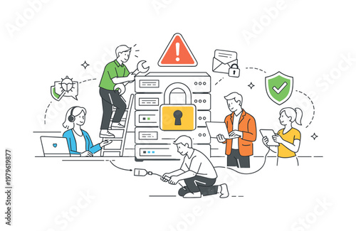 Business team responding to a cybersecurity breach and protecting sensitive information within a corporate system, represented through a metaphor of a central server with