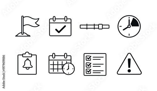 Scheduling and deadlines: deadline flag, calendar checkmark, timeline bar, progress clock, meeting reminder, event schedule, task list, notification alert.