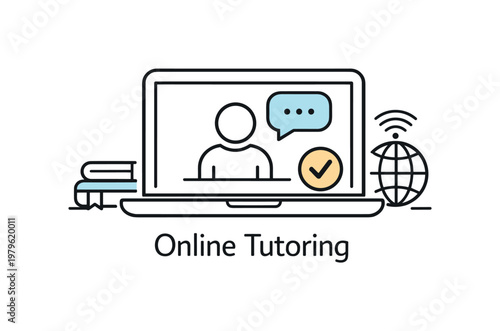 Online tutoring focused on delivering personalized education and guidance through digital platforms in a remote learning environment, a laptop displaying a simple human