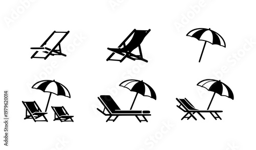 Beach line icon set deck chairs and umbrellas minimal summer travel vector illustration isolated on white background