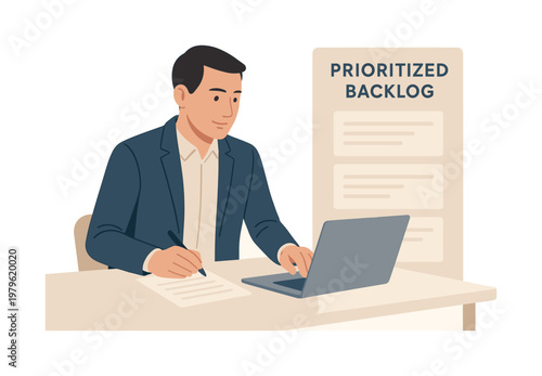 A professional structuring a clear backlog refinement process during a focused work session, sitting at a desk with a laptop while organizing a simple prioritized task