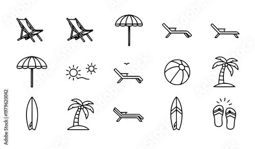 Beach pictogram icon set deck chairs and umbrellas summer travel vector illustration isolated on white