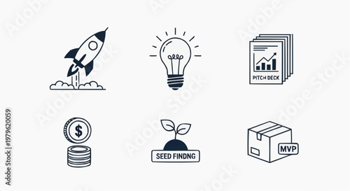 Startup business icons set, black line vector illustrations for entrepreneurship, pitch deck and seed funding graphics, 6 linear icons