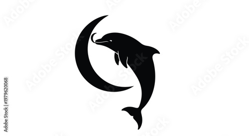 Dolphin silhouette leaps gracefully in front of a crescent moon shape to create a minimalist graphic design element.