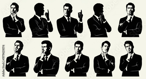 Businessman Silhouette Multiple Thinking and Gesturing Poses.