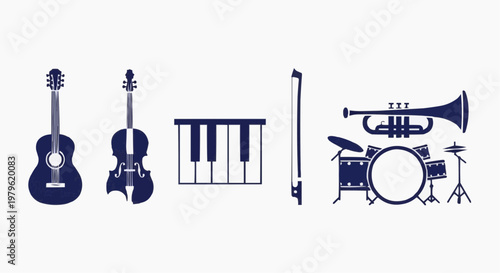 Musical instruments vector silhouettes, dark blue orchestra icons including guitar, violin, piano keys, trumpet and drum kit, minimalist music set
