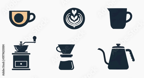 Minimalist coffee shop icon set, flat vector brewing equipment symbols, 6 professional cafe icons for menu design and branding