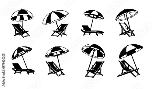 Beach relaxation silhouette icon set deck chairs and umbrellas summer travel vector isolated on white background
