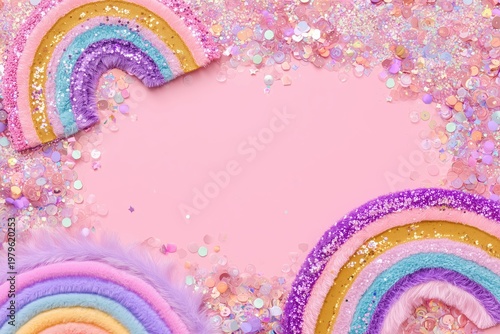 Colorful Glitter Rainbows and Sequins on Pink Background