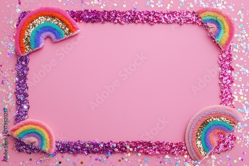 Colorful Glitter Rainbows and Sequins on Pink Background