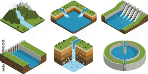 Isometric Vector Set of Water Management Systems Featuring Hydroelectric Dams Waterfall River Lake Cross Sections and Water Treatment Tank for Renewable Energy and Environmental Engineering Design