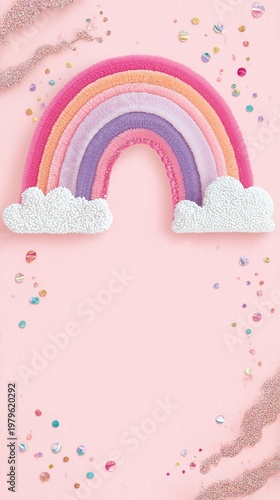 Colorful Glitter Rainbows and Sequins on Pink Background