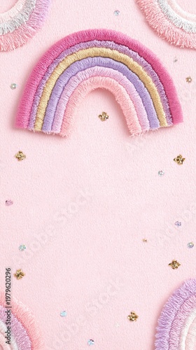 Colorful Glitter Rainbows and Sequins on Pink Background