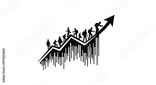 Businessman group ascends a rising bar chart arrow to demonstrate corporate growth and team success.
