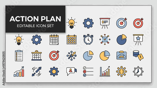 A light-colored editable action plan icon set with colorful accents is presented on a pale grey background.
