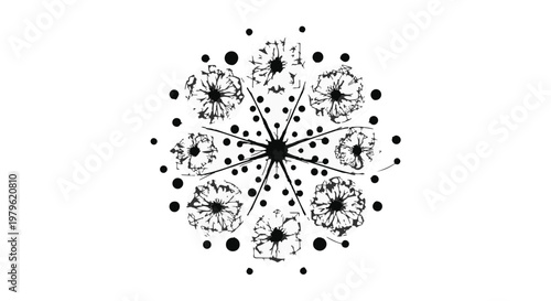 Floral mandala pattern composed of delicate hand-drawn blossoms and symmetrical circular dots.