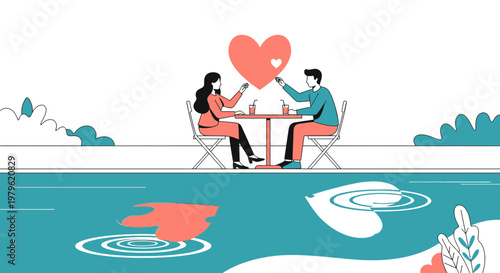 Couple Enjoying Romantic Date with Heart Symbol Above Table - Illustration