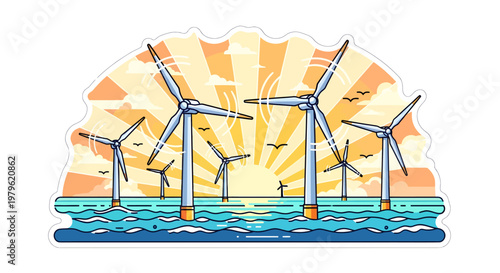 offshore wind farm at sunset, renewable energy concept