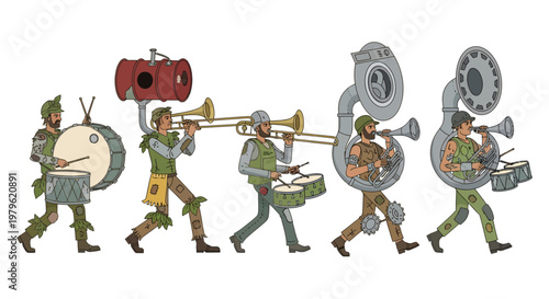 marching band cartoon characters playing musical instruments