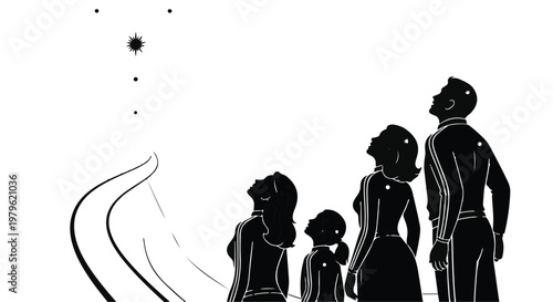 Family standing together and looking up at the bright shining star in the dark night sky.