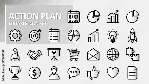 A comprehensive set of monochrome action plan outline icons is displayed.