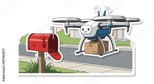 Drone delivering package to mailbox on suburban street