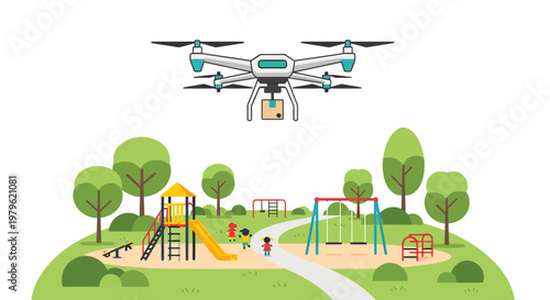 Drone flying over a colorful children's playground in a park