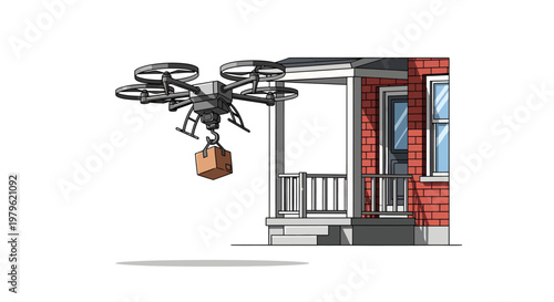Drone delivering package to a house with porch and red brick exterior