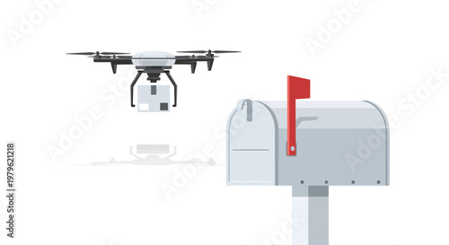 Drone delivering package to mailbox with red flag up