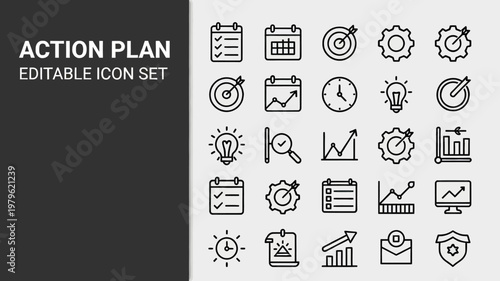 An extensive collection of detailed monochrome outline action plan icons is presented.