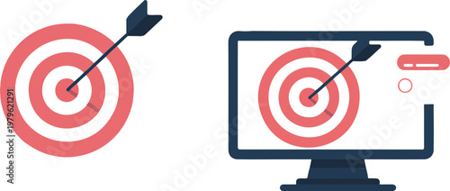 Clean outline vector showing targeted advertising strategy with bullseye icon and monitor screen representing online marketing analytics concept