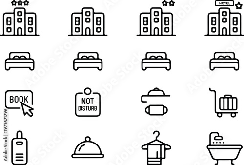 Clean black outline hospitality icons collection featuring hotel building beds trolley key card bathtub and service elements
