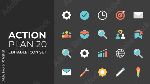 A flat colorful action plan 20 icon set shows business and utility symbols.