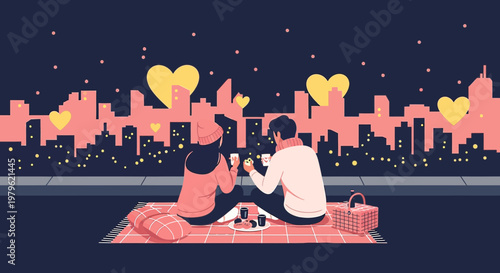 Couple enjoying romantic rooftop picnic with city skyline and heart lights