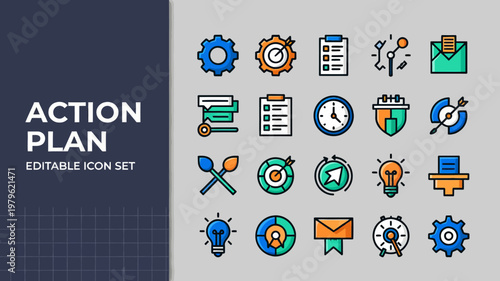 A vibrant duotone action plan icon set displays colorful business and creative symbols.