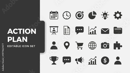 A comprehensive set of solid black fill action plan icons is displayed.