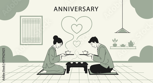 Couple enjoying tea ceremony, anniversary, hearts, love, relationship, cultural tradition