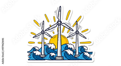 Wind turbines generating renewable energy by the ocean waves at sunset