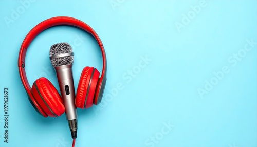 Red Headphones and Microphone on a Blue Background.