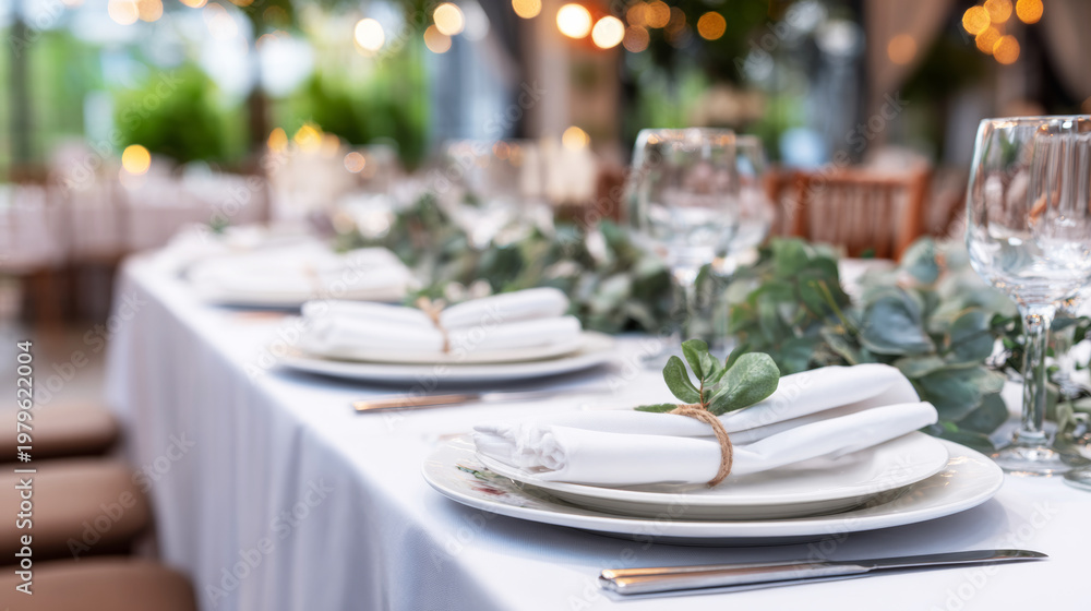 Fototapeta premium Prepared dining table for special occasion. Place settings with white plates, cutlery, napkins, and green foliage decor
