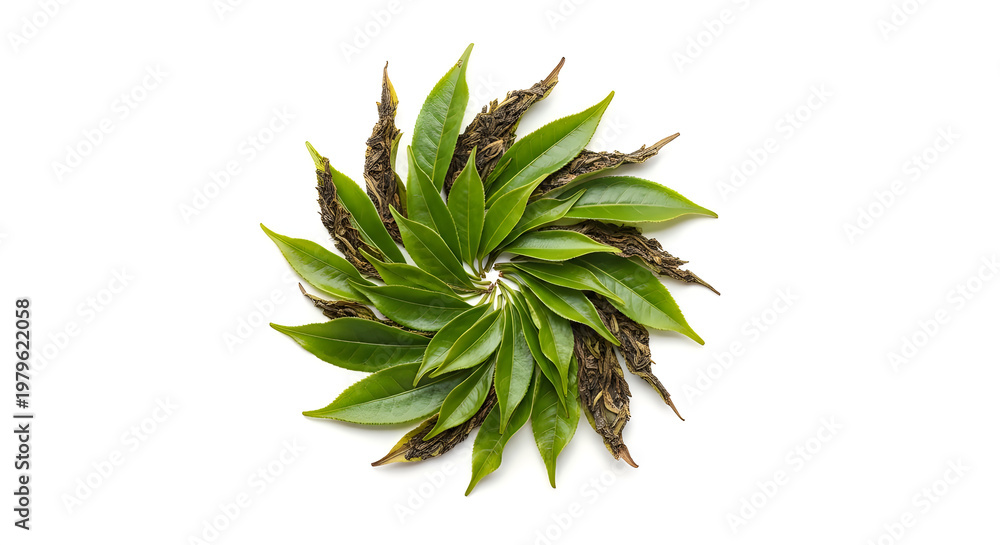 Fototapeta premium Tea leaves are arranged in a circular mandala pattern showing both fresh green and dried brown foliage.