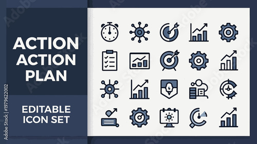 A bold duotone action plan editable icon set for business project management.