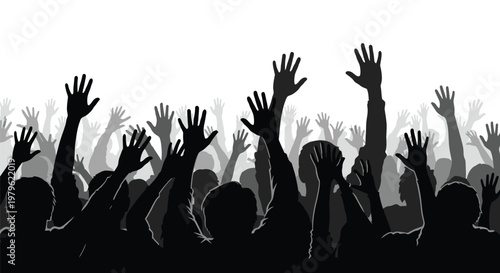 Crowd, raised hands, silhouettes, protest, demonstration, activism
