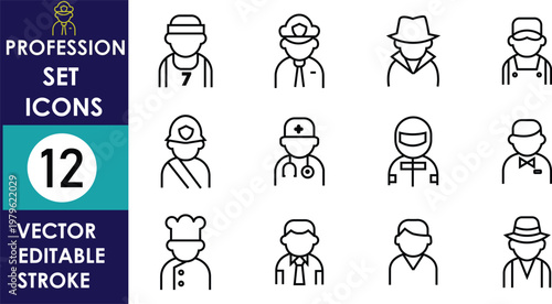 Vector icon set featuring twelve profession avatars including doctor chef worker and service staff characters in clean editable black outline style on white background