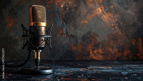 Vintage Microphone on a Dark Textured Background with Reflective Surface.